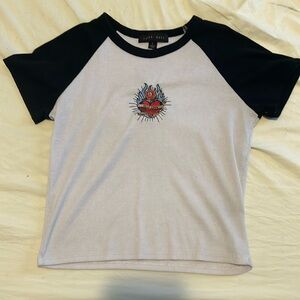 CROP TOP L, L CROP TOP, LARGE, WHITE BLACK, HEART EMBROIDERY